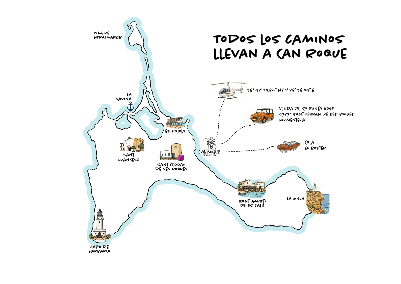 Mapa ilustrado de Formentera con Can Roque